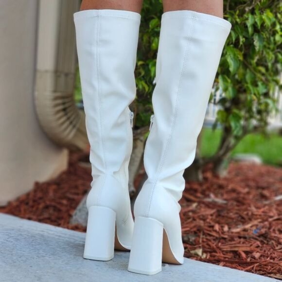 Women Mid Calf Square Toe Heel Boot Whte Color - Picture 5 of 6